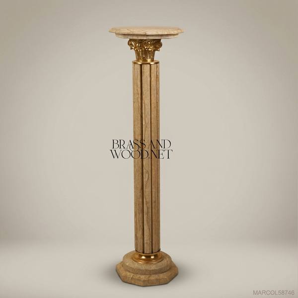 Neoclassical Marble Column Pedestal with Gilt Corinthian Capital — handcrafted by Brass & Wood